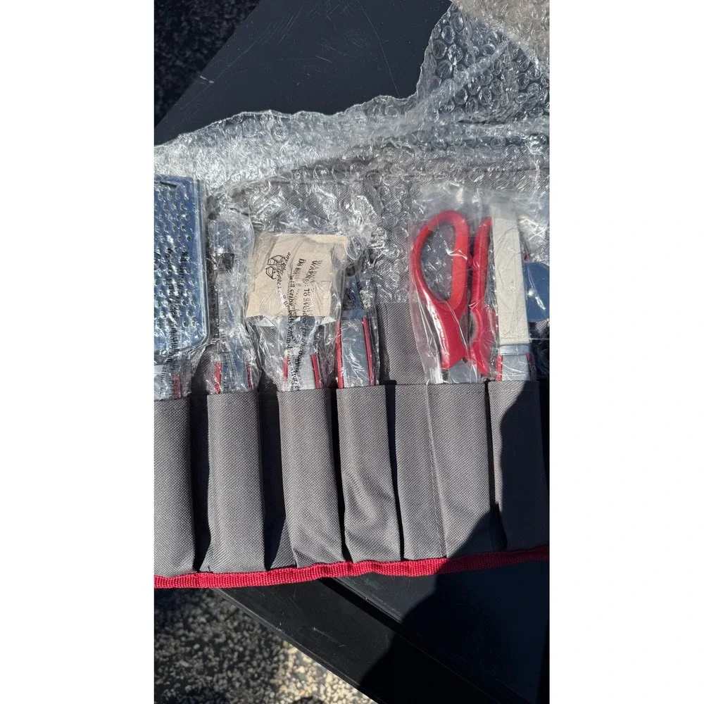 Wolfgang Puck Kitchen Tool Set with Grey Red Travel Roll Up Case 9 Piece Gadgets